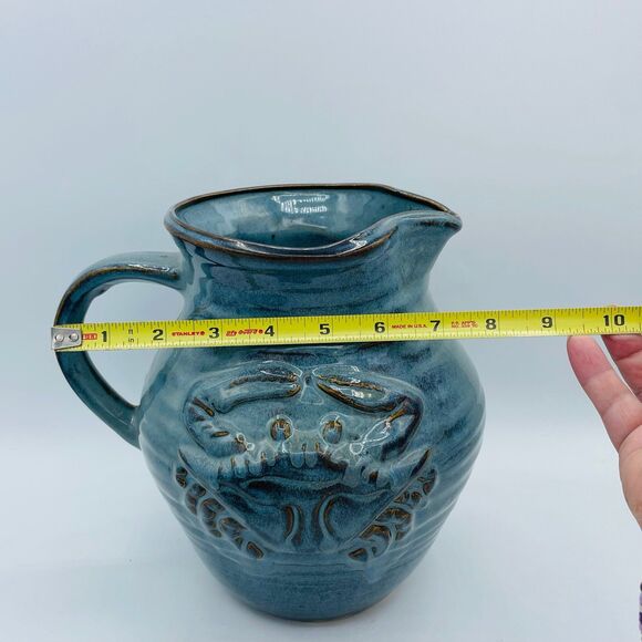 Large Glazed Hand Crafted Ribbed Pottery Pitcher w/ CRAB Blue Green - Picture 10 of 10